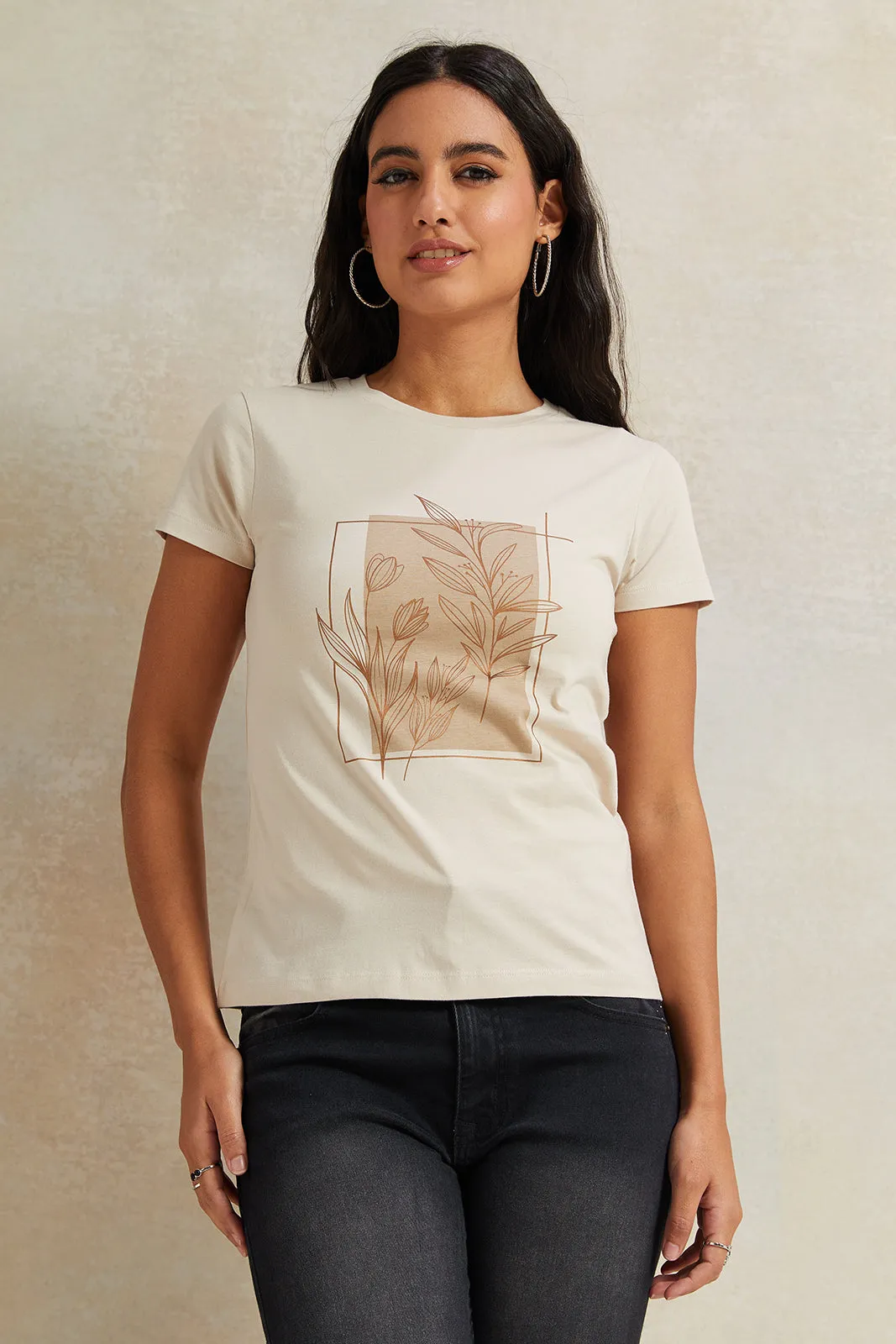Women Beige Leaves Printed T-Shirt sold by Redtag