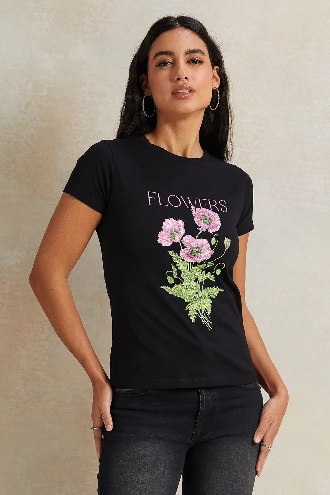 Women Black Floral Printed T-Shirt sold by Redtag
