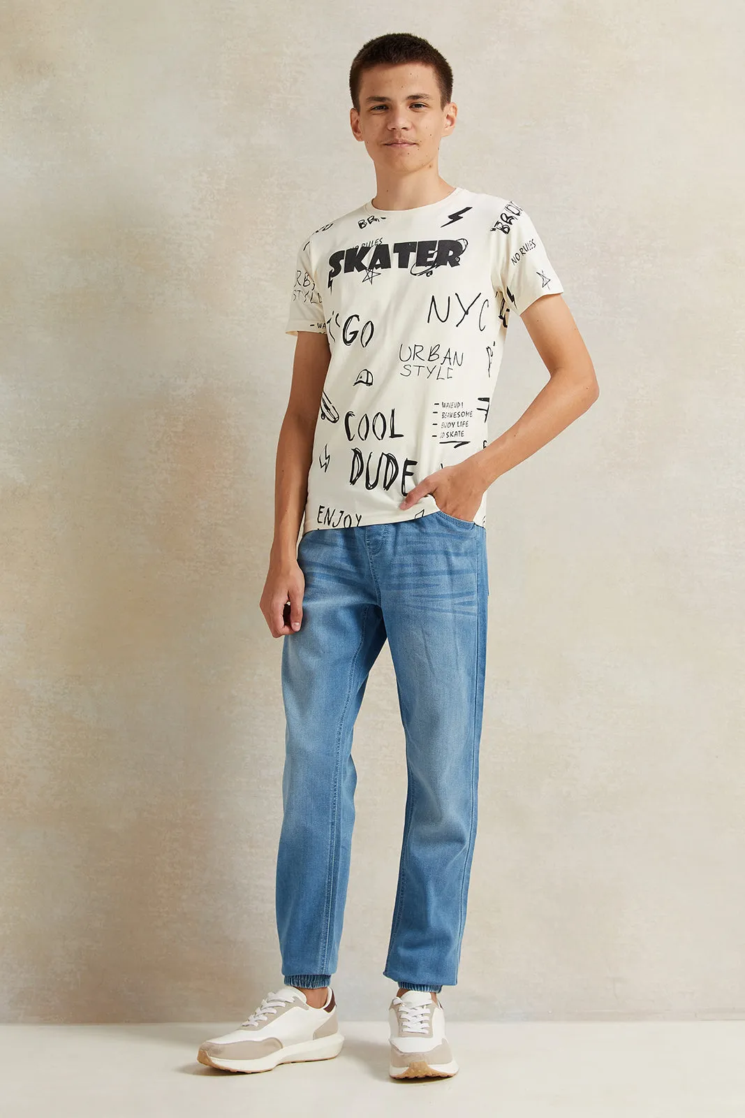 Senior Boys Cream Printed T-Shirt sold by Redtag product image thumbnail 2