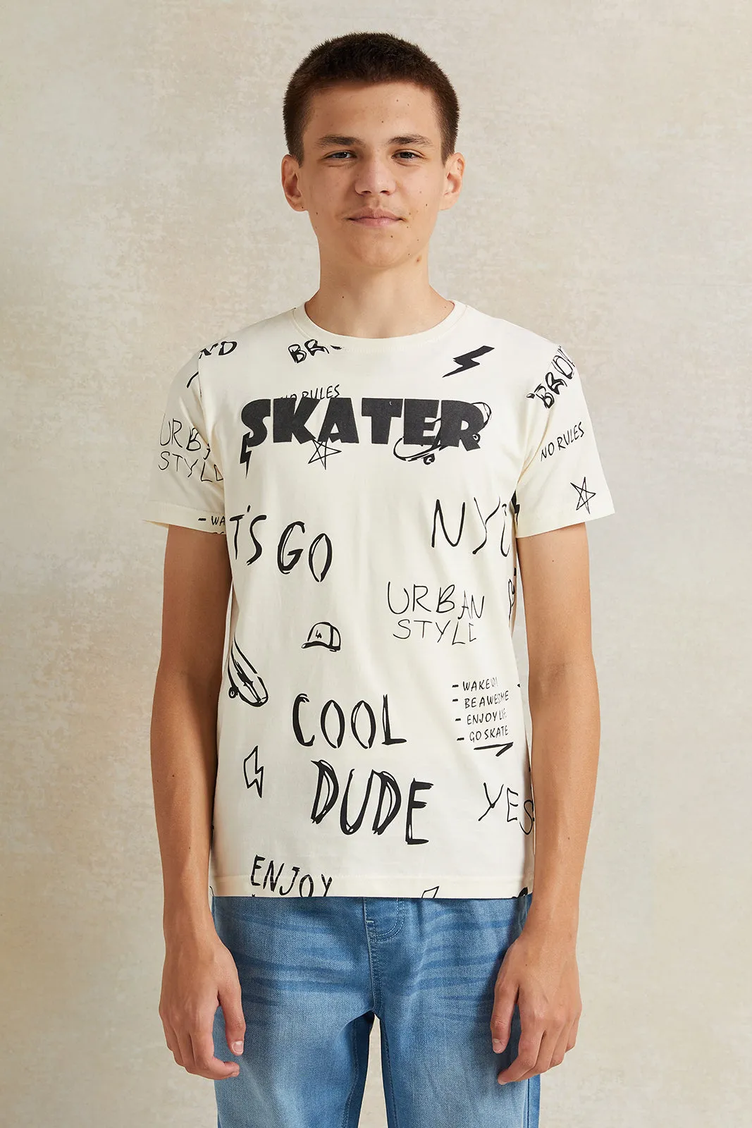 Senior Boys Cream Printed T-Shirt sold by Redtag