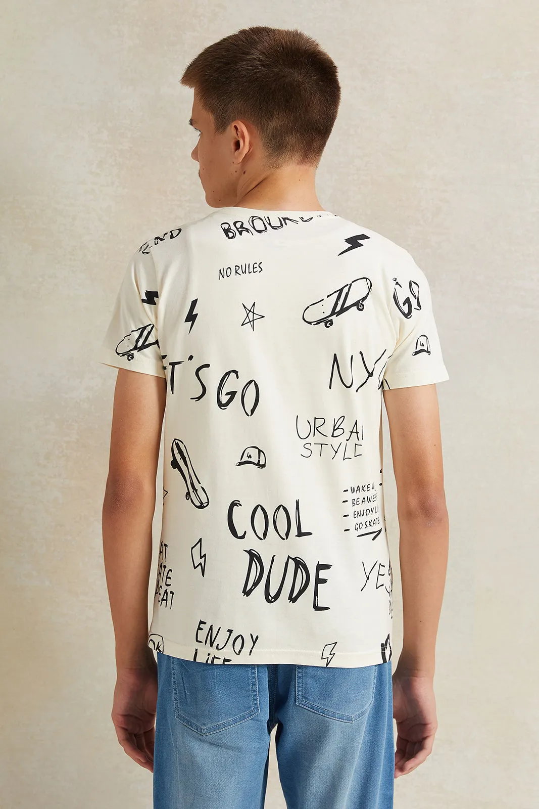 Senior Boys Cream Printed T-Shirt sold by Redtag product image thumbnail 3