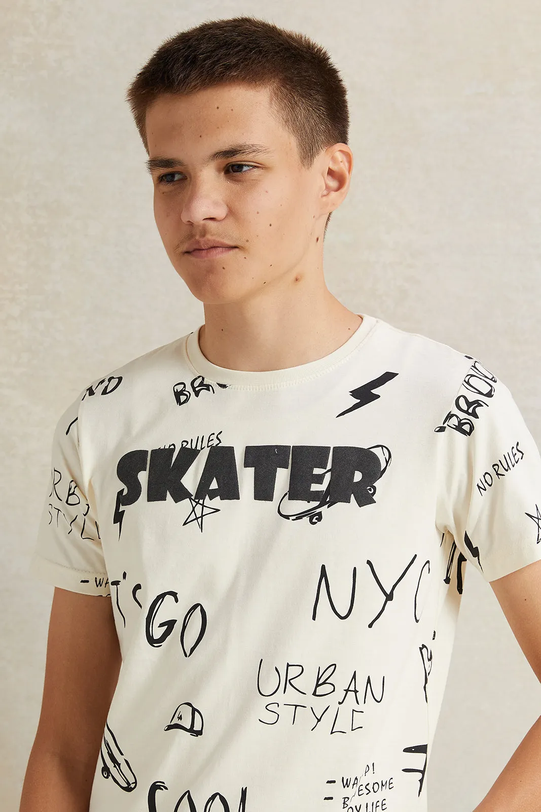 Senior Boys Cream Printed T-Shirt sold by Redtag product image thumbnail 4