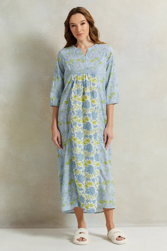 Women Blue Front Border Print Nightgown sold by Redtag