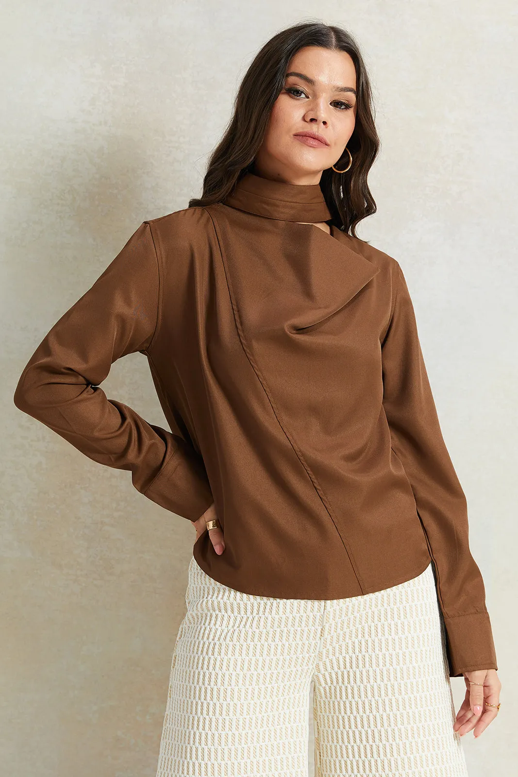 Women Brown High Neck Blouse sold by Redtag