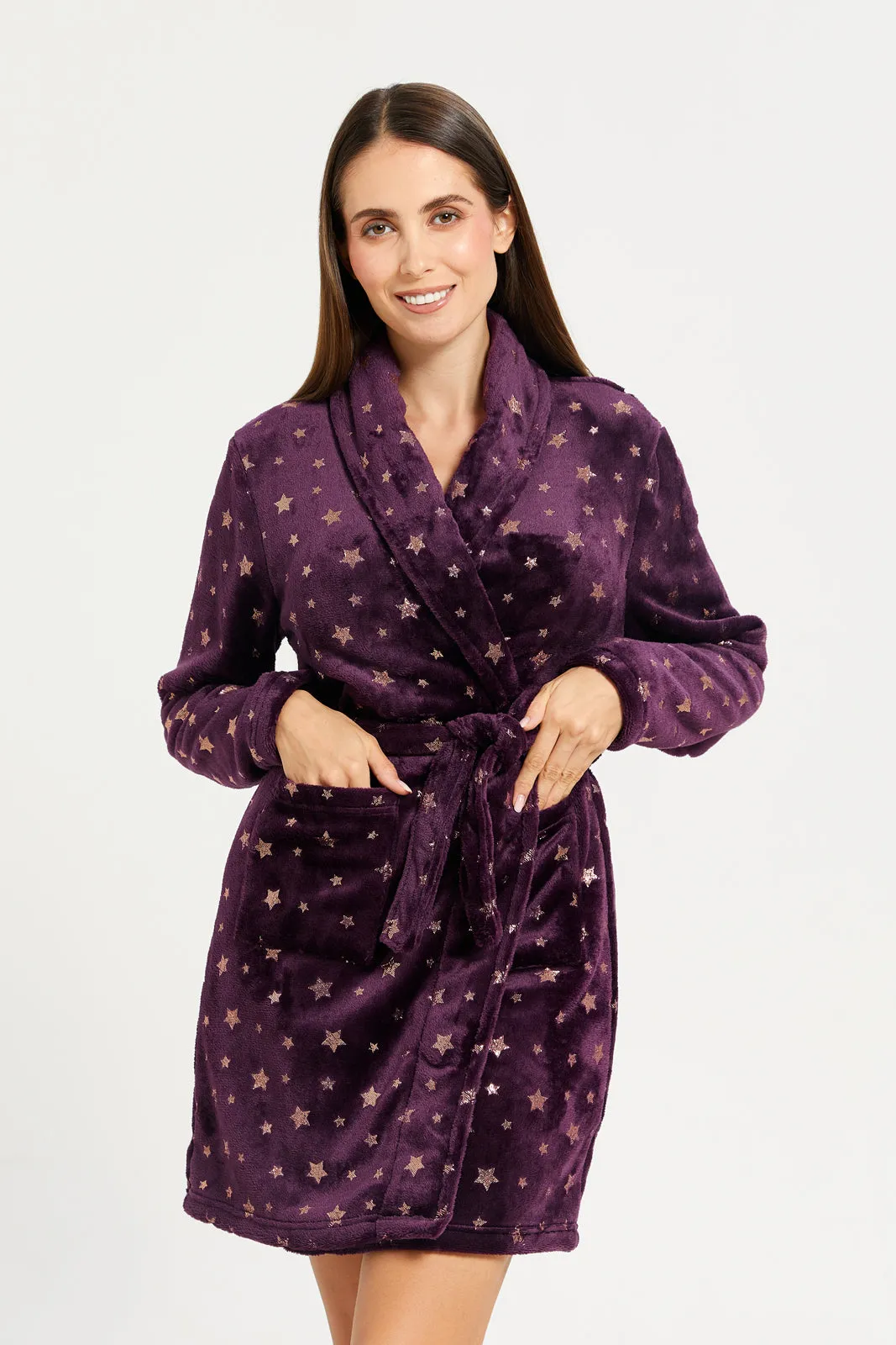 Women Purple With Stars Foil Fur Robe sold by Redtag