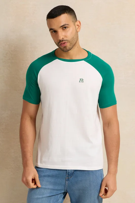 Men White And Green Raglan Varsity T-Shirt sold by Redtag