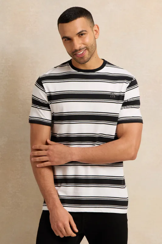 Men White And Black Striped T-Shirt sold by Redtag