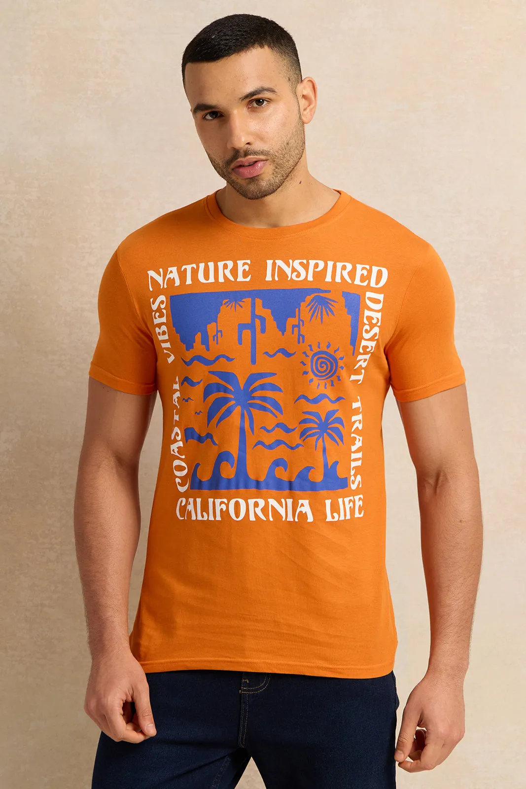 Men Orange Graphic T-Shirt sold by Redtag