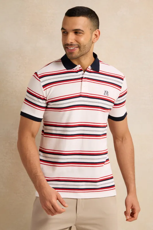 Men Ivory Stripe Pique Polo Shirt sold by Redtag