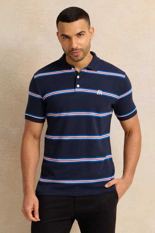 Men Navy Striped Pique Polo Shirt sold by Redtag