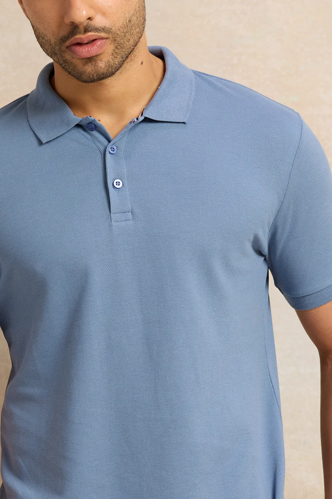 Men Blue Solid Pique Polo Shirt sold by Redtag product image thumbnail 4