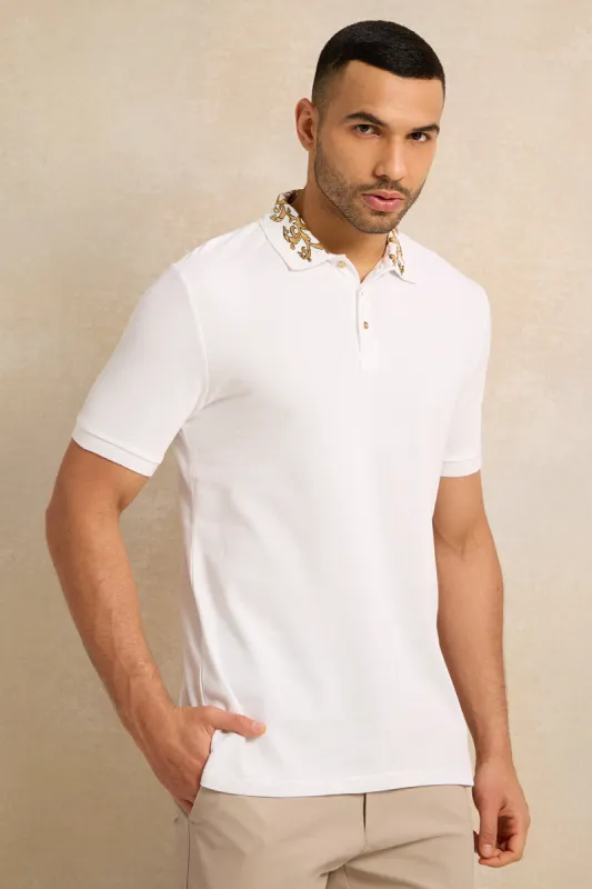 Men White Embellished Polo Shirt sold by Redtag