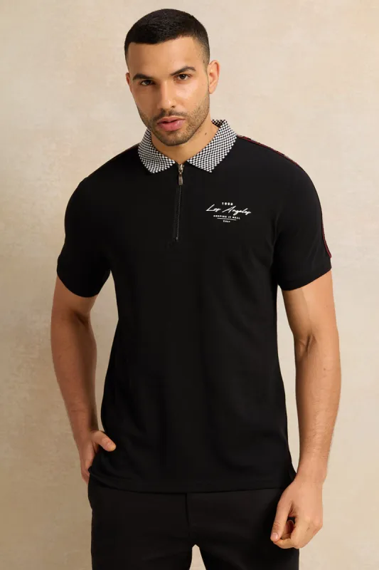 Men Black Embellished Polo Shirt sold by Redtag