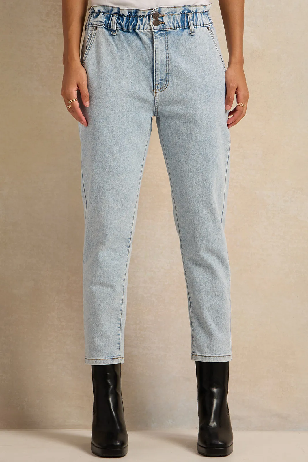 Women Blue Solid Paper Bag Jeans sold by Redtag