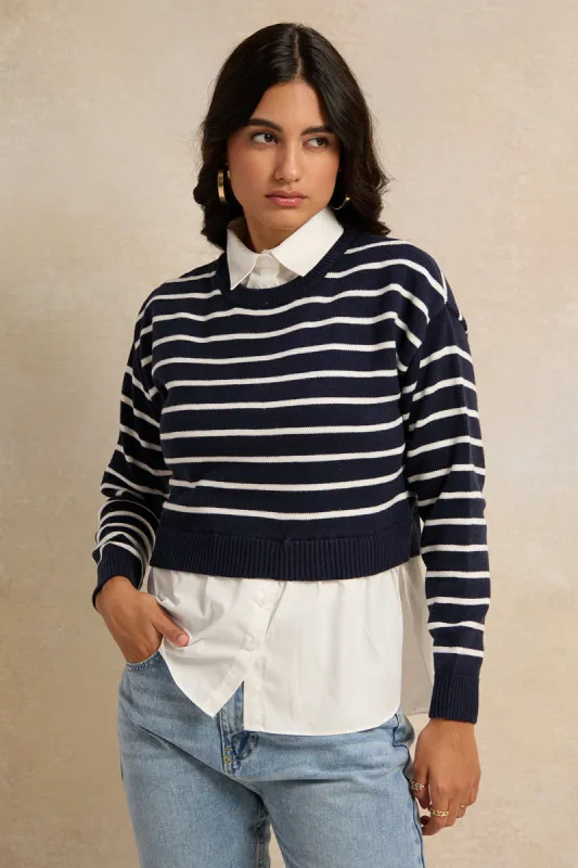 Women Black And White Striped With Solid Woven Twofer sold by Redtag