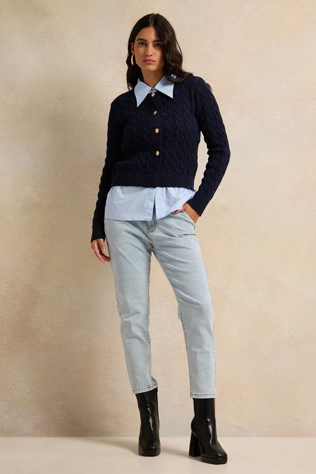 Women Navy And Blue Collared Mock Neck Sweater sold by Redtag product image thumbnail 2