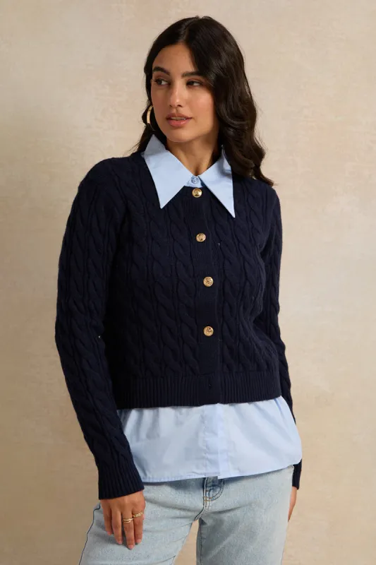 Women Navy And Blue Collared Mock Neck Sweater sold by Redtag