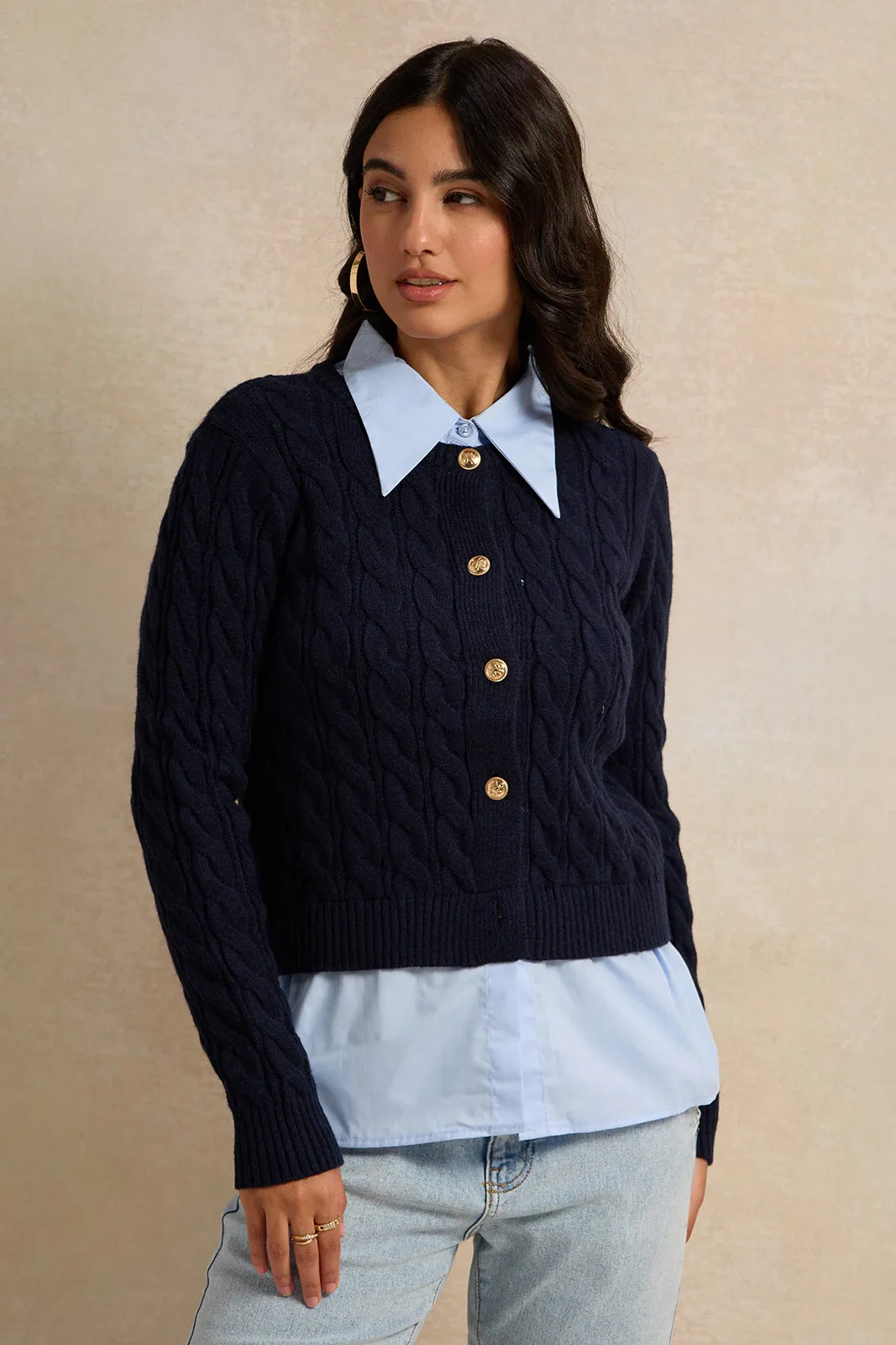 Women Navy And Blue Collared Mock Neck Sweater sold by Redtag