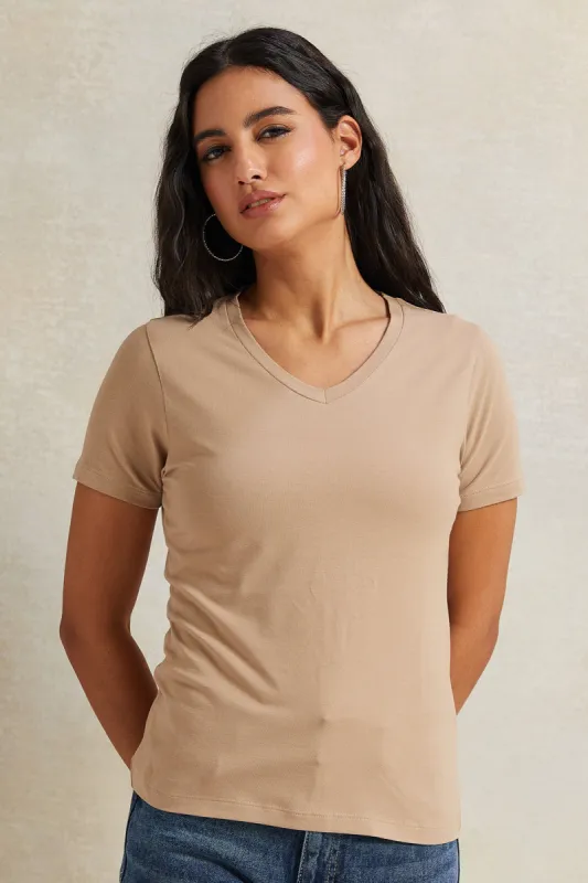 Women Beige Short Sleeve Basic T-Shirt sold by Redtag