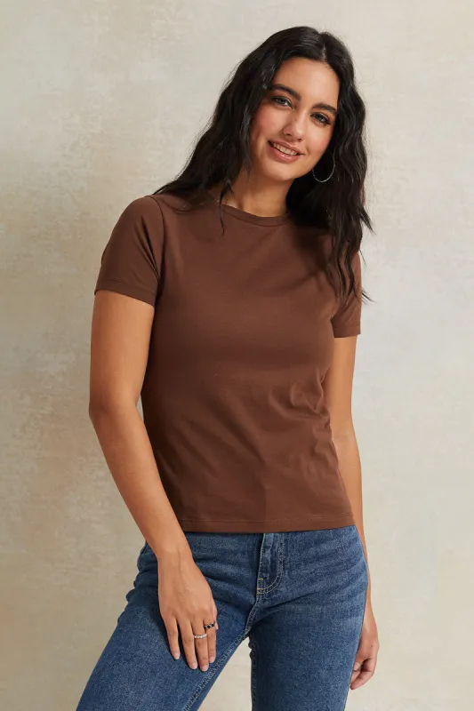 Women Brown Short Sleeve Basic T-Shirt sold by Redtag