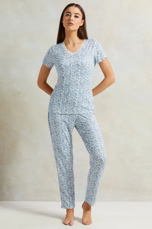 Women Blue Floral Printed Pyjama Set (2 Piece) sold by Redtag