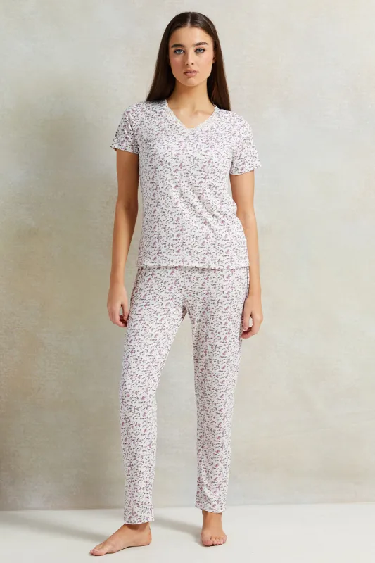 Women White And Purple Floral Printed Pyjama Set (2 Piece) sold by Redtag