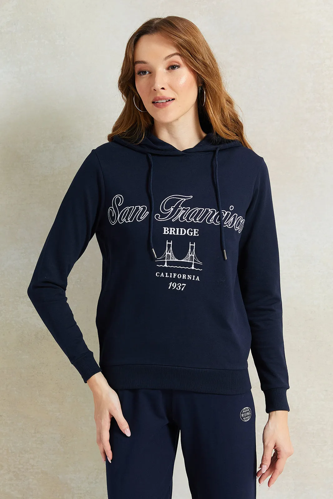 Women Navy Print Hooded Sweatshirt sold by Redtag