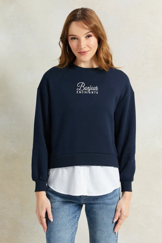 Women Navy Printed Twofer Sweatshirt sold by Redtag