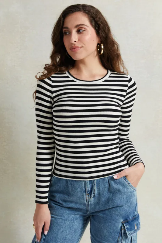 Women Black And White Striped T-Shirt sold by Redtag