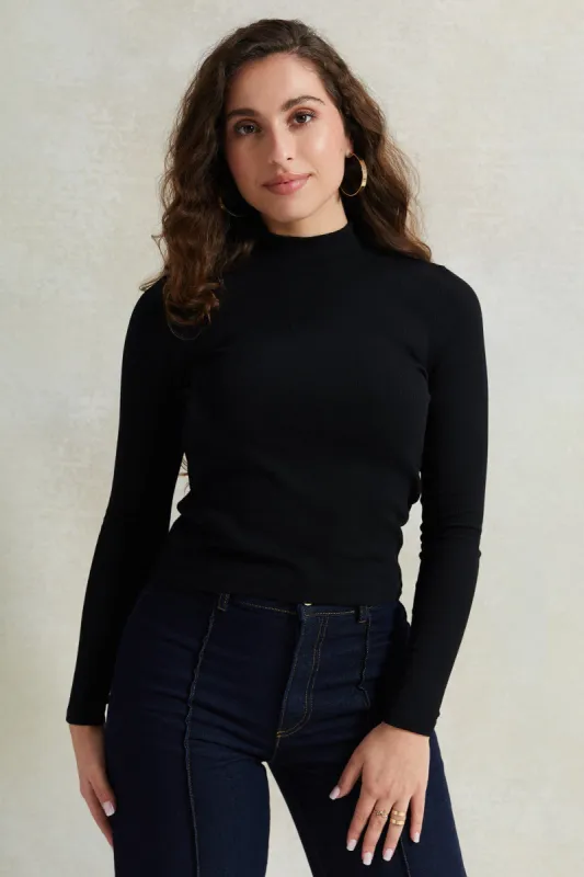 Women Black Rib High Neck Long Sleeves T-Shirt sold by Redtag