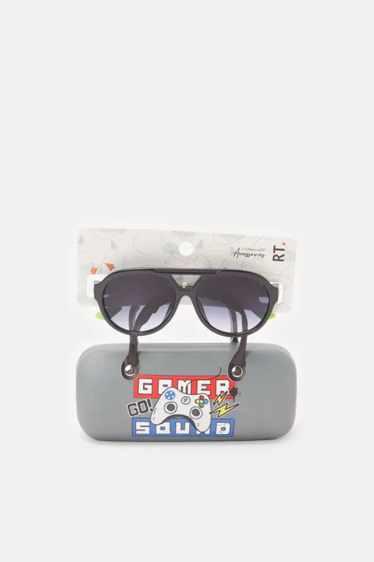 Boys Black And Green Wayfarer Sunglasses With Printed Case sold by Redtag