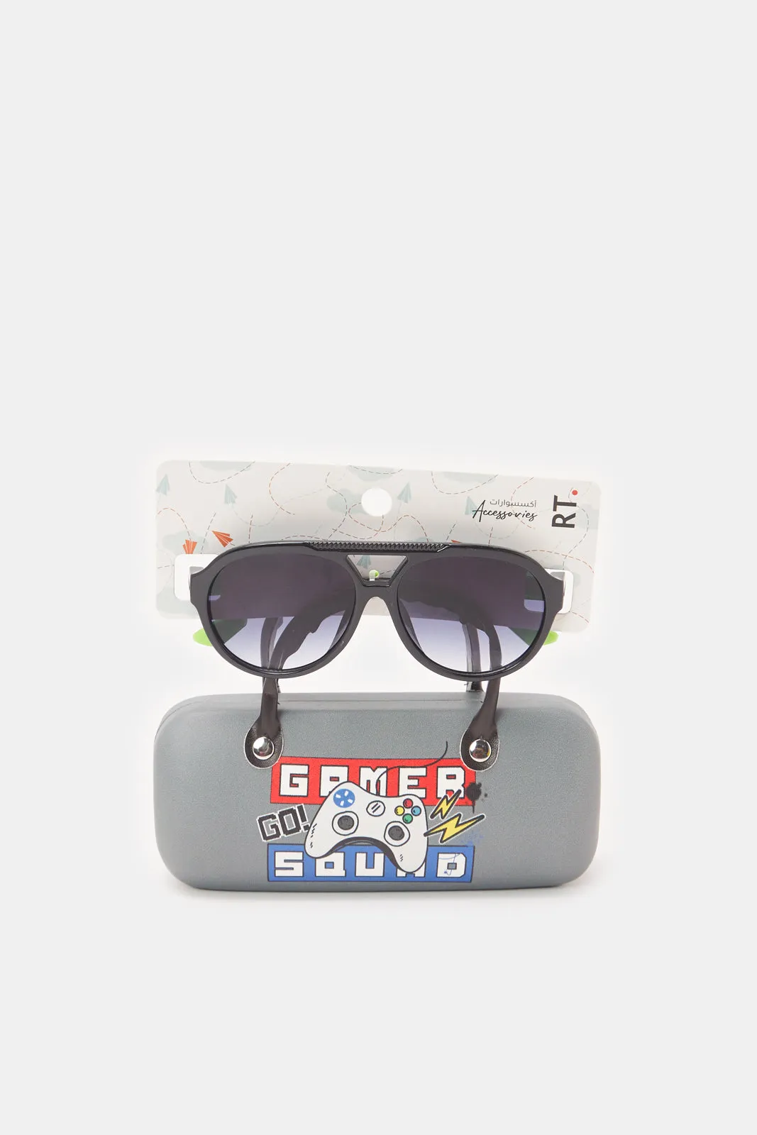 Boys Black And Green Wayfarer Sunglasses With Printed Case sold by Redtag