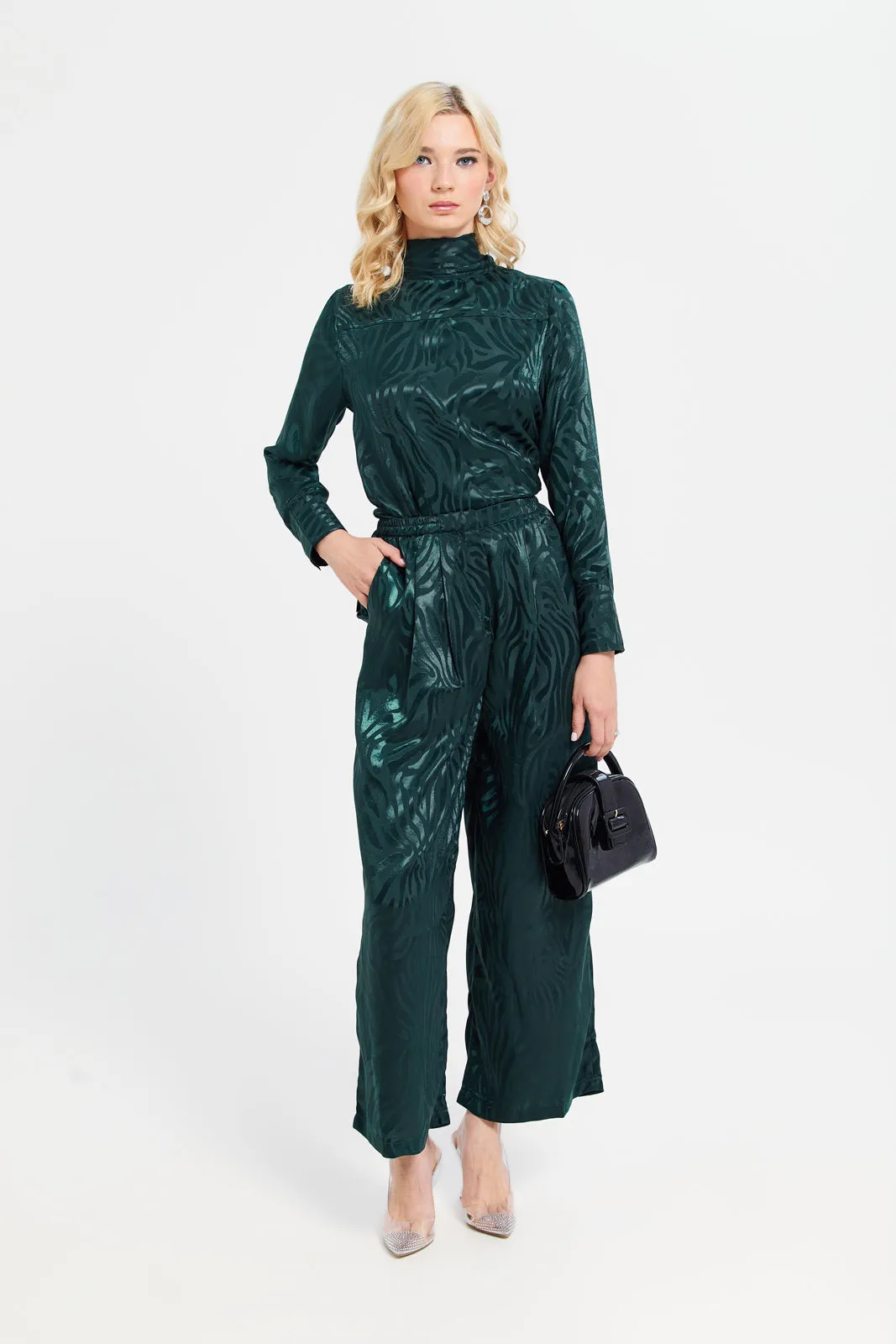 Women Teal Satin Jacquard Trousers sold by Redtag product image thumbnail 4