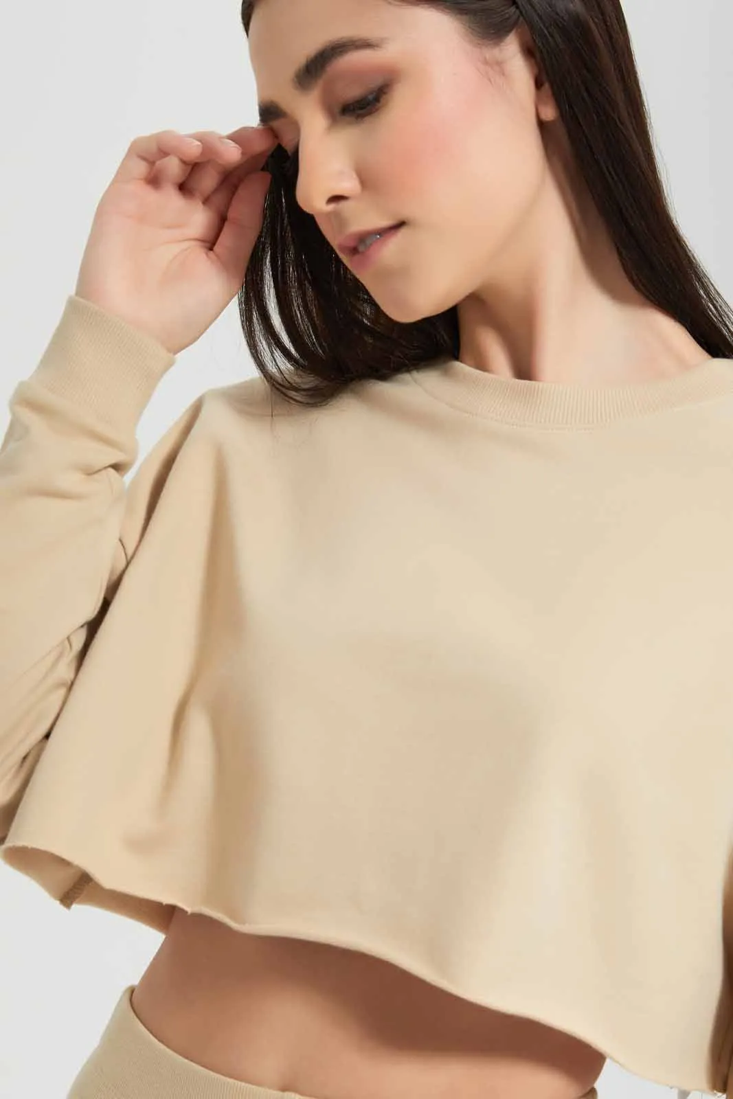 Beige Plain Cropped Sweatshirt sold by Redtag product image thumbnail 3