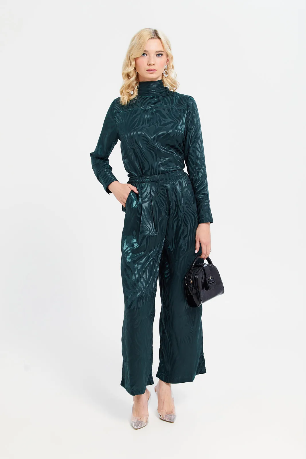 Women Teal Satin Jacquard Trousers sold by Redtag product image thumbnail 3
