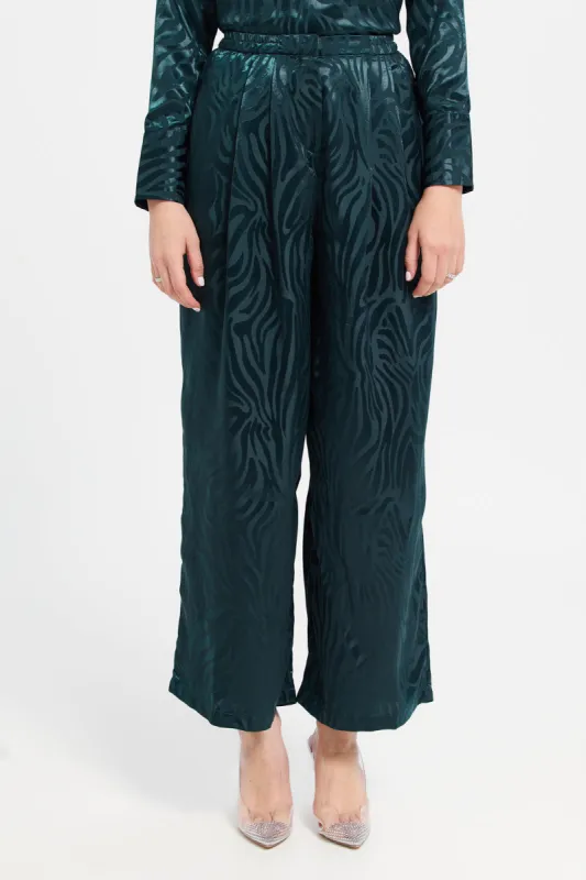 Women Teal Satin Jacquard Trousers sold by Redtag