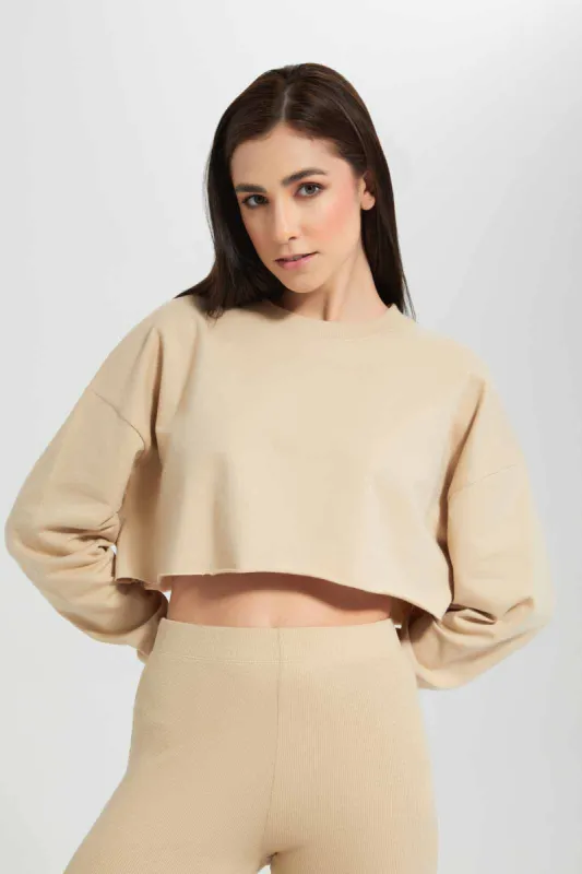 Beige Plain Cropped Sweatshirt sold by Redtag