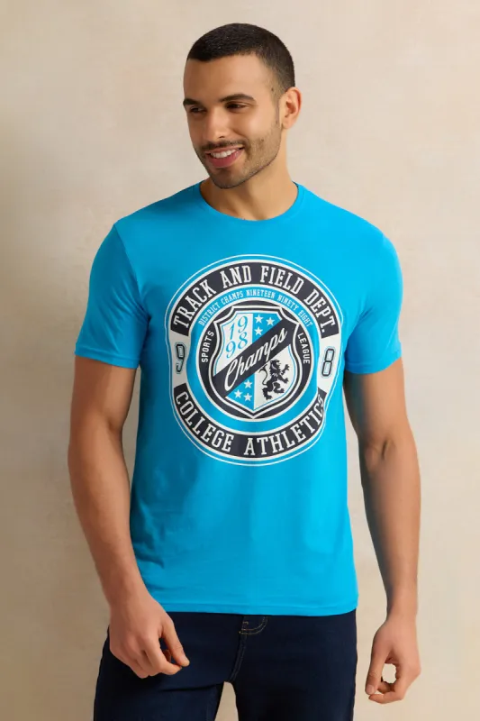 Men Blue Placement Print T-Shirt sold by Redtag