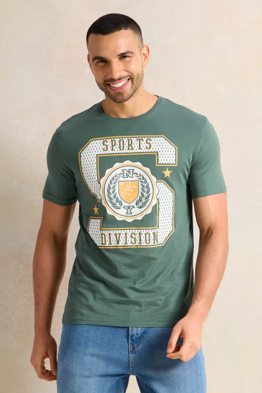 Men Green Placement Print T-Shirt sold by Redtag