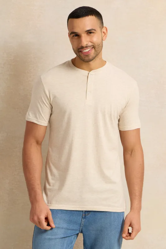 Men Beige Henley T-Shirt sold by Redtag