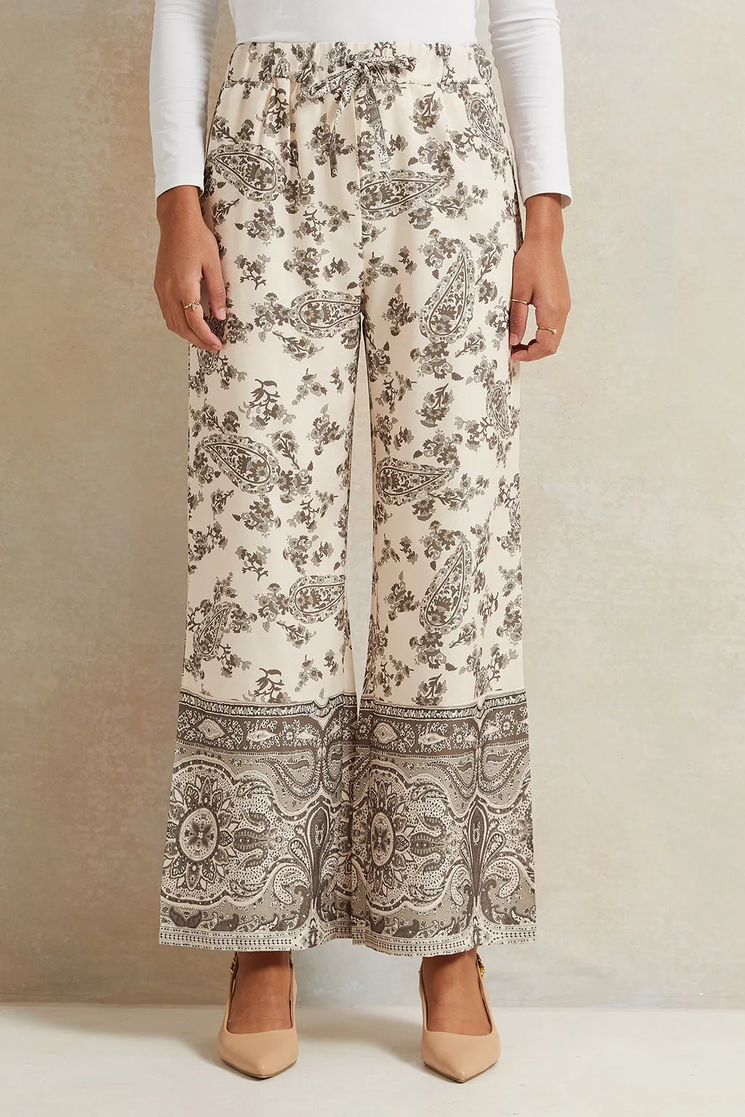 Women Beige Printed Wide Leg Trousers sold by Redtag
