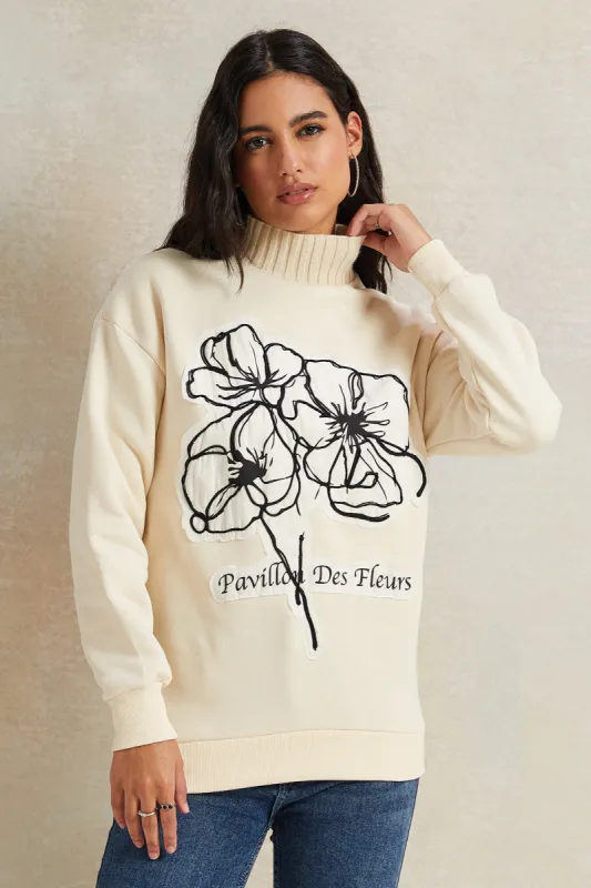 Women Ivory High Neck Printed Sweatshirt sold by Redtag