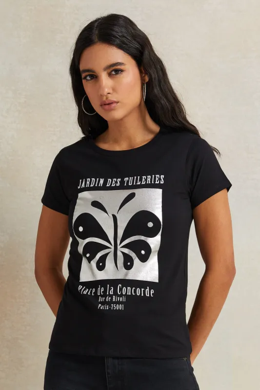 Women Black Printed T-shirt sold by Redtag