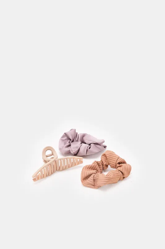 Women Assorted Solid Scrunchy And Hair Claw Set (Pack of 3) sold by Redtag