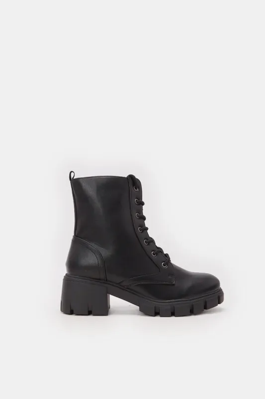 Women Black Lace Up Combat Boot sold by Redtag