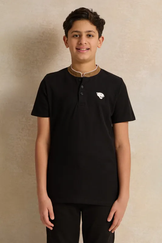 Senior Boys Black Mandarin Collar Polo Shirt sold by Redtag