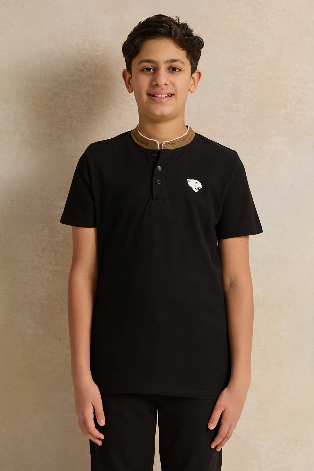 Senior Boys Black Mandarin Collar Polo Shirt sold by Redtag