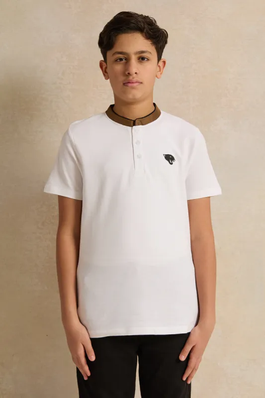 Senior Boys White Mandarin Collar Polo Shirt sold by Redtag