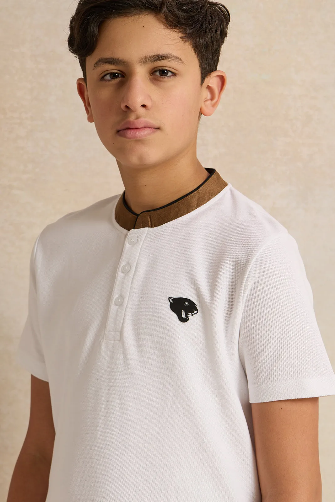 Senior Boys White Mandarin Collar Polo Shirt sold by Redtag product image thumbnail 4