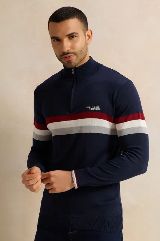 Men Navy Striped Sweater sold by Redtag